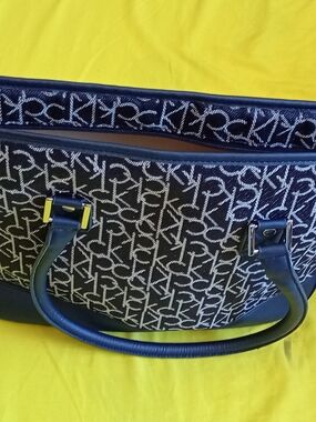 Calvin Klein large monogram tote bag a navy blue canvas body